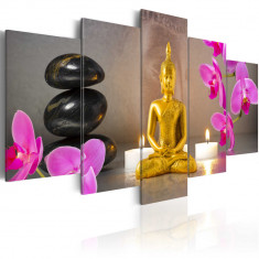 Tablou canvas 5 piese - Buddha de aur si orhidee - 100x50 cm foto