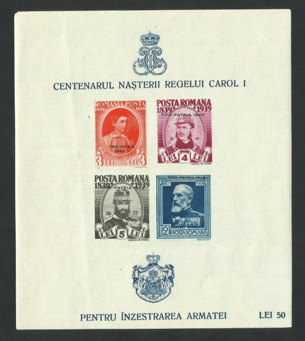 Bloc CENTENAR CAROL I NEDANTELAT SUPRATIPAR PRO PATRIA 1940 MNH