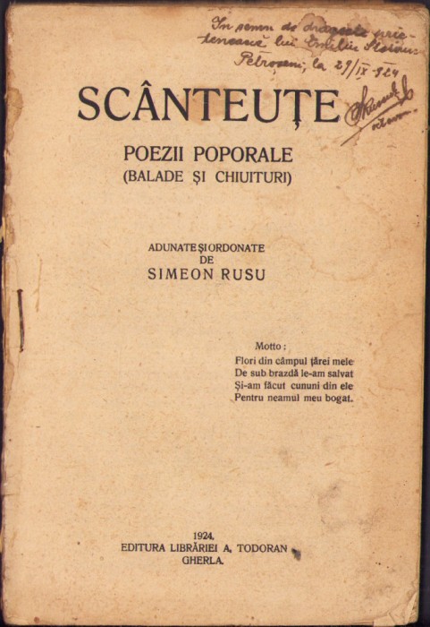 HST C2187 Sc&acirc;nteuțe Poezii poporale 1924 Simeon Rusu LIPSĂ COPERTA FAȚĂ!!!