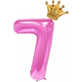 Balon din folie metalizata flippy, figurina cifra si coroana, tema aniversare 100 cm, ambalaj individual, pai inclus, umflare cu aer sau heliu, roz, c