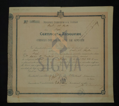 CERTIFICAT DE ABSOLVIRE, LICEUL &amp;quot; AL. HASDEU &amp;quot; BUZAU, 1916 foto