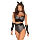 Set sexy Silveria 6 piese, Obsessive, chiloti, bustiera, urechi, manusi, curea si choker, negru metalizat