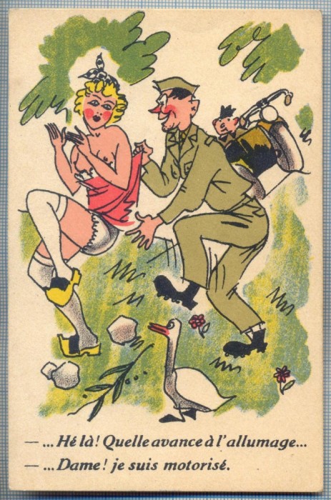 AX 111CP VECHE INTERBELICA-UMORISTICA MILITARA-UN SOLDAT FACE AVANSURI UNEI FETE