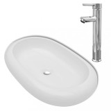 Chiuveta de baie cu robinet mixer, ceramic, oval, alb