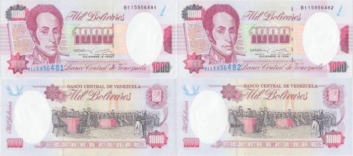 2 &times; 1992 (8 XII), 1,000 Bol&iacute;vares (P-73c) - Venezuela - stare UNC