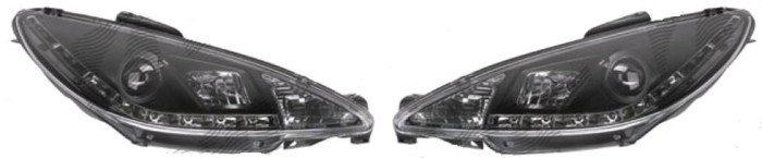 Set faruri tunin Peugeot 207 (W_) 05.2006-12.2013 BestAutoVest partea Dreapta+Stanga H1+H1 manual , cu lumina parcare LED, transparent negru