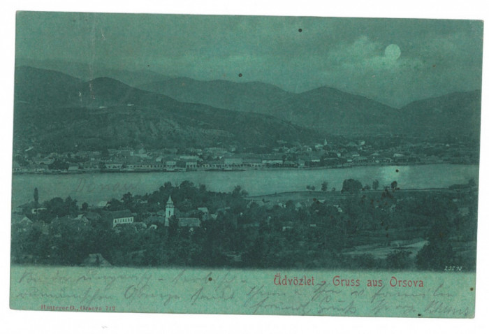 5143 - ORSOVA, Panorama, Moon, Litho, Romania - old postcard - used - 1902