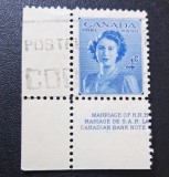 Timbru Canada 1953 Regina Elisabeta II 4 Cents Margine de Colț de Coală Inscripție Tipografie Neștampilat - A0023