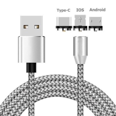 Cablu de incarcare Premium 3in1 Magnetic cu LED USB-C, MicroUSB si Lightning iPhone, 3 Conectori 360 Hotriple, Gri, 100cm foto