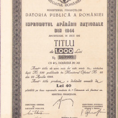 HST A605 Împrumutul Apărării Naționale 1944 titlu 1000 lei