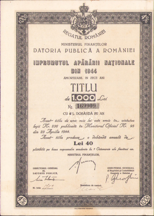 HST A605 &Icirc;mprumutul Apărării Naționale 1944 titlu 1000 lei