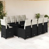 Set bistro de grădină, 11 piese, cu perne, negru, poliratan