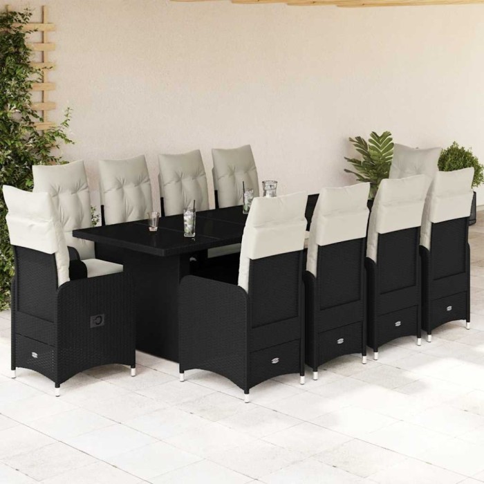 Set bistro de grădină, 11 piese, cu perne, negru, poliratan