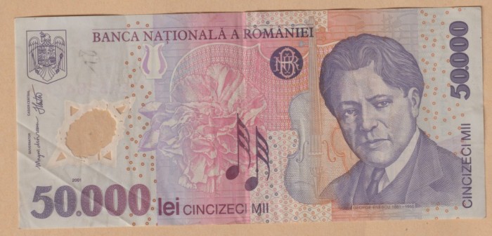 (6) BANCNOTA ROMANIA - 50.000 LEI 2001, POLYMER, PORTRET GEORGE ENESCU, STARE BUNA