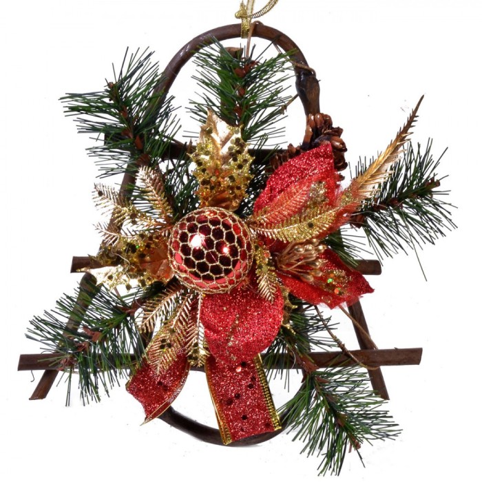 Decor Crăciun Clopot, Glob Roșu, Floare Crăciuniță, Glitter Auriu, Ramură Brad, 21x20 cm