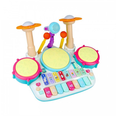 Jucarie Muzicala Pian si Toba, Microfon, pentru copii, Lumini si Sunete, 44 cm, Multicolor, foto