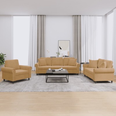 vidaXL Set de canapele cu perne, 3 piese, maro, catifea 3202197 foto