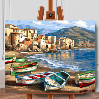 Set pictura pe numere (panza) Barci la tarm 40x50 cm foto