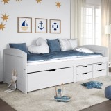 Cumpara ieftin Pat de zi cu 5 sertare &quot;IRUN&quot;, alb, 90x200 cm, lemn masiv pin