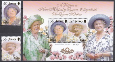Jersey 2000 - Centenerul nașterii Reginei Elisabeta Mama, 1900-2002, Serie + Colita, MNH foto