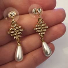 Cercei lungi placati aur 18k,SWAROVSKI, perla de cultura