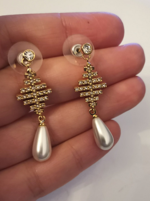 Cercei lungi placati aur 18k,SWAROVSKI, perla de cultura