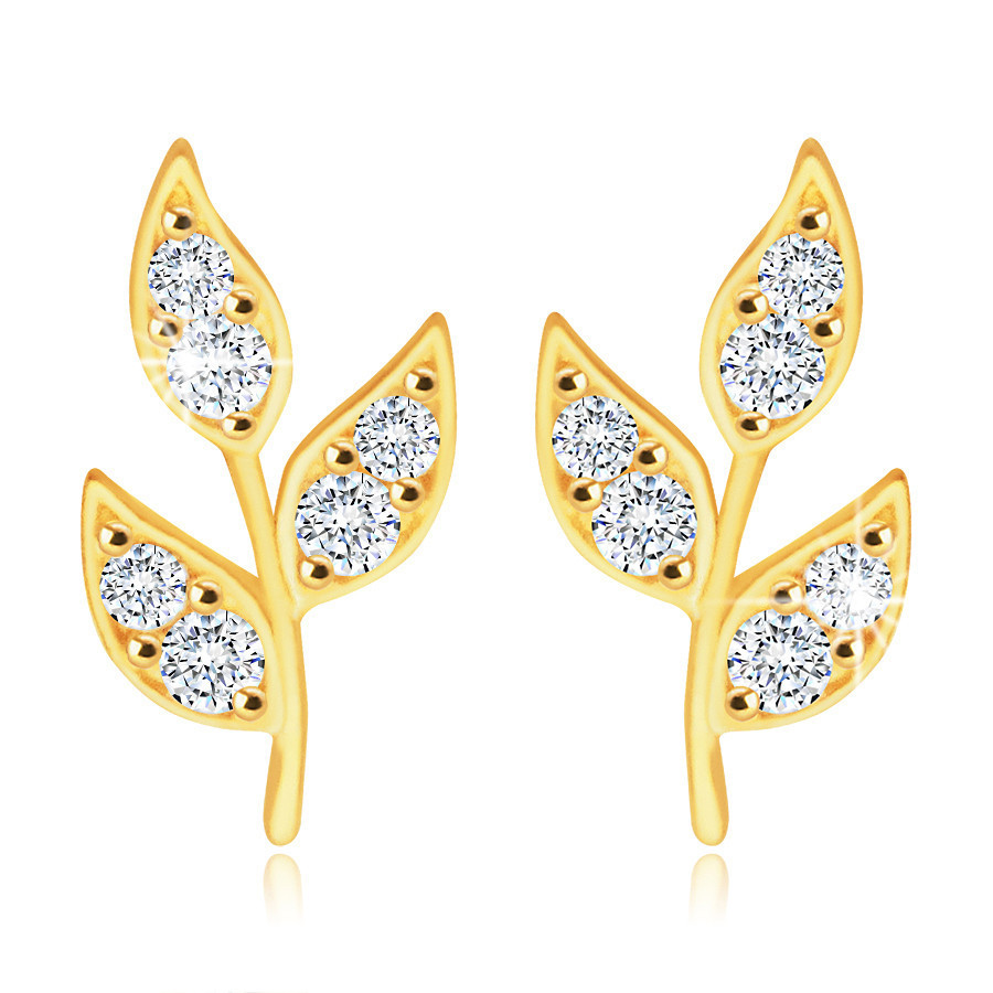 Cercei din aur de 14K - tulpină cu frunze, diamant strălucitoare | Okazii.ro