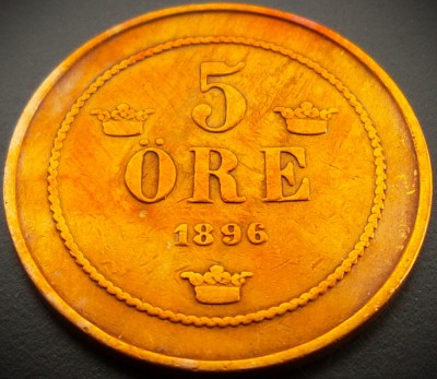 Moneda istorica 5 ORE - SUEDIA, anul 1896 * cod 2538 = patina frumoasa foto