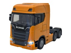 Macheta Scania T770S 1:32 portocalie replica metal lumini si sunete, usi deschise