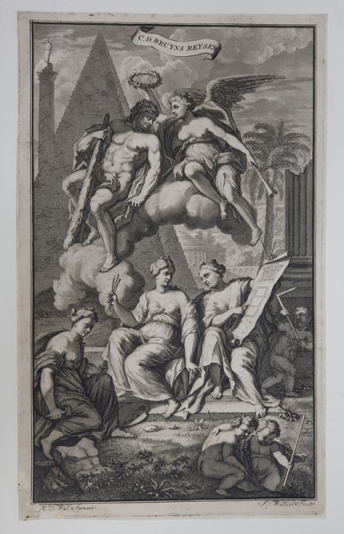 GRAVURA PE METAL , FRONTISPICIUL CARTII &#039; CALATORII de CORNELIS DE BRUIJN - 1698 &#039; , GRAVURA de JOSEPH MULDER , DATATA 1698