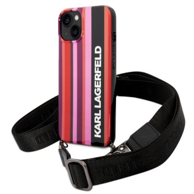 Husa iPhone 15 / iPhone 14 / iPhone 13 - Karl Lagerfeld Hardcase with Strap (KLHCP14SSTSTP) - Pink Color Stripes foto