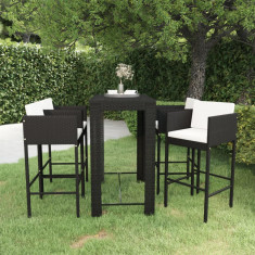 vidaXL Set mobilier bar de grădină cu perne, 5 piese, negru, poliratan