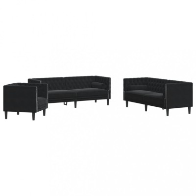 Set canapele Chesterfield cu perne rulou 3 piese negru catifea foto