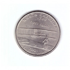 Moneda SUA 25 centi/quarter dollar 2001 P, North Carolina, stare foarte buna