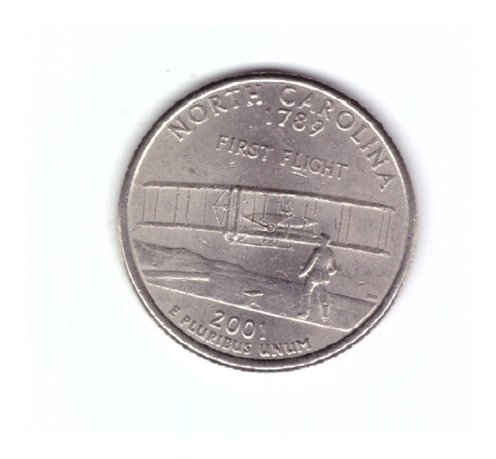 Moneda SUA 25 centi/quarter dollar 2001 P, North Carolina, stare foarte buna, curata