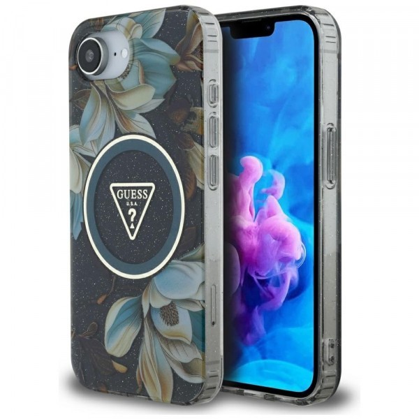 Husa MagSafe pentru Apple iPhone 16e, Guess, IML Metal Glitter Flowers Triangle, Neagra
