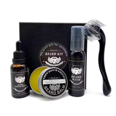 Set Premium Pentru Intretinerea si Stimularea Cresterii Barbii| Sampon, Ulei Stimulant, Ceara, Rola Dermatologica|Impachetare CADOU, Natural foto