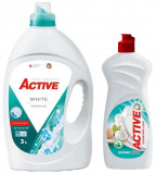 Detergent lichid pentru rufe albe Active, 3 litri, 60 spalari + Detergent de vase lichid Active, 0.5 litri, cocos