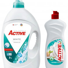 Detergent lichid pentru rufe albe Active, 3 litri, 60 spalari + Detergent de vase lichid Active, 0.5 litri, cocos