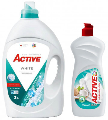 Detergent lichid pentru rufe albe Active, 3 litri, 60 spalari + Detergent de vase lichid Active, 0.5 litri, cocos foto