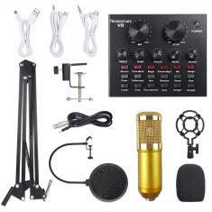 Set microfon, Inclusiv microfon V8 placa de sunet live si microfon condensator BM-800, Auriu foto