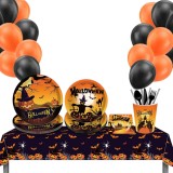 Set de vesela pentru petrecere de Halloween pentru 8 persoane, cu farfurii, cutite, furculite, linguri, paie, servetele si 20 baloane, portocaliu si n