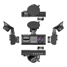 Camera auto de bord tripla, cu vedere fata/interior/spate, Night Vision HD, unghi 170&deg;, Full HD, fixare cu ventuza, negru