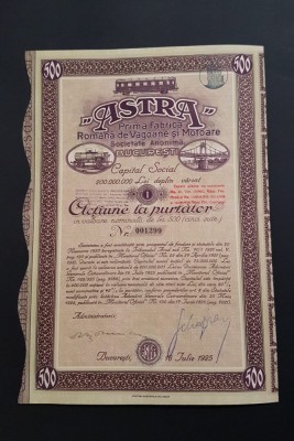 Actiune 1925 ASTRA / Prima fabrica romaneasca de vagoane / titlu / actiuni foto