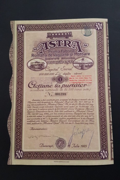 Actiune 1925 ASTRA / Prima fabrica romaneasca de vagoane / titlu / actiuni
