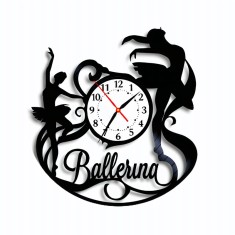 Ceas de perete decorativ realizat din disc de vinil, Model Balerina, Siluete Dansatoare, Text Caligrafic Ballerina, Cadran Alb, Negru, 30 cm