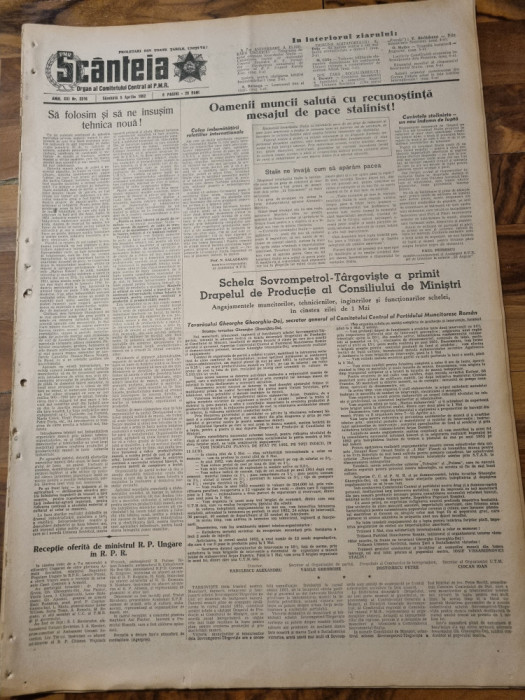 scanteia 5 aprilie 1952-schela sovrompetrol targoviste,raionul braila,adjud