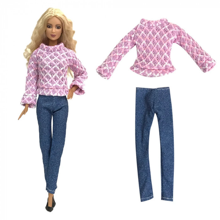 Set bluza cu jeansi albastrii pentru papusi de 28-30cm, Liliac