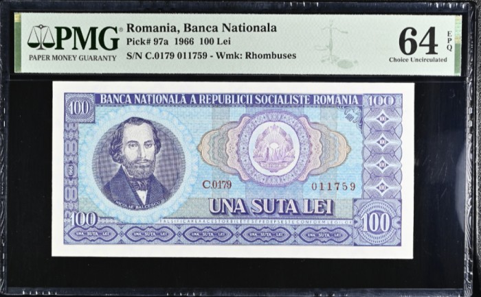 100 lei 1966 PMG64 UNC bancnota gradata