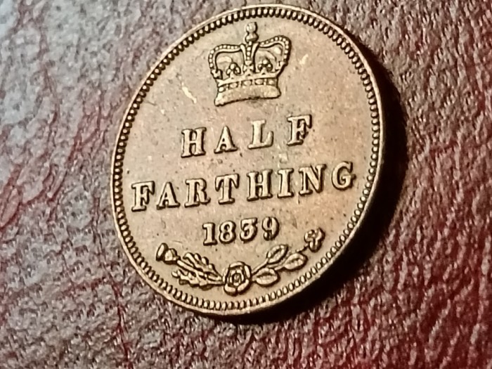Half 1/2 farthing 1839, T=1.075.200,stare aUNC. Discount de 10 % pt comenzi cumulate de minimum 370 de lei.